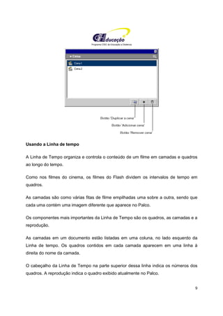 Programa CIEE de Educação a Distância
9
Usando a Linha de tempo
A Linha de Tempo organiza e controla o conteúdo de um filme em camadas e quadros
ao longo do tempo.
Como nos filmes do cinema, os filmes do Flash dividem os intervalos de tempo em
quadros.
As camadas são como várias fitas de filme empilhadas uma sobre a outra, sendo que
cada uma contém uma imagem diferente que aparece no Palco.
Os componentes mais importantes da Linha de Tempo são os quadros, as camadas e a
reprodução.
As camadas em um documento estão listadas em uma coluna, no lado esquerdo da
Linha de tempo. Os quadros contidos em cada camada aparecem em uma linha à
direita do nome da camada.
O cabeçalho da Linha de Tempo na parte superior dessa linha indica os números dos
quadros. A reprodução indica o quadro exibido atualmente no Palco.
 