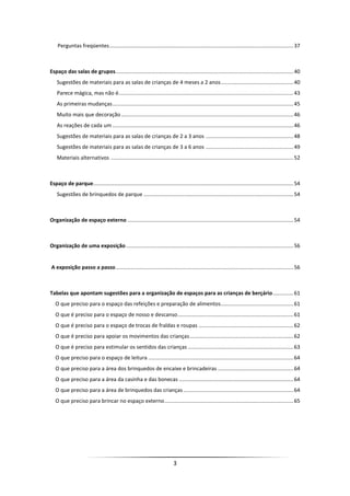 3
Perguntas freqüentes............................................................................................................................37
Espaço das salas de grupos........................................................................................................................40
Sugestões de materiais para as salas de crianças de 4 meses a 2 anos.................................................40
Parece mágica, mas não é......................................................................................................................43
As primeiras mudanças..........................................................................................................................45
Muito mais que decoração ....................................................................................................................46
As reações de cada um ..........................................................................................................................46
Sugestões de materiais para as salas de crianças de 2 a 3 anos ...........................................................48
Sugestões de materiais para as salas de crianças de 3 a 6 anos ...........................................................49
Materiais alternativos ...........................................................................................................................52
Espaço de parque.......................................................................................................................................54
Sugestões de brinquedos de parque .....................................................................................................54
Organização de espaço externo ................................................................................................................54
Organização de uma exposição.................................................................................................................56
A exposição passo a passo........................................................................................................................56
Tabelas que apontam sugestões para a organização de espaços para as crianças de berçário..............61
O que preciso para o espaço das refeições e preparação de alimentos.................................................61
O que é preciso para o espaço de nosso e descanso..............................................................................61
O que é preciso para o espaço de trocas de fraldas e roupas ................................................................62
O que é preciso para apoiar os movimentos das crianças......................................................................62
O que é preciso para estimular os sentidos das crianças .......................................................................63
O que preciso para o espaço de leitura ..................................................................................................64
O que preciso para a área dos brinquedos de encaixe e brincadeiras ...................................................64
O que preciso para a área da casinha e das bonecas .............................................................................64
O que preciso para a área de brinquedos das crianças ..........................................................................64
O que preciso para brincar no espaço externo.......................................................................................65
 