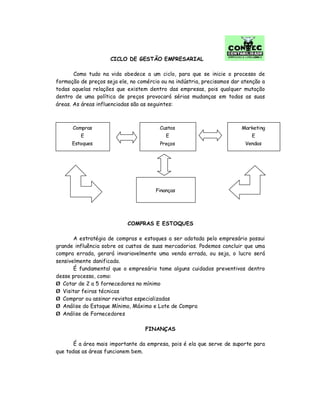 CICLO DE GESTÃO EMPRESARIAL
Como tudo na vida obedece a um ciclo, para que se inicie o processo de
formação de preços seja ele, no comércio ou na indústria, precisamos dar atenção a
todas aquelas relações que existem dentro das empresas, pois qualquer mutação
dentro de uma política de preços provocará sérias mudanças em todas as suas
áreas. As áreas influenciadas são as seguintes:
COMPRAS E ESTOQUES
A estratégia de compras e estoques a ser adotada pelo empresário possui
grande influência sobre os custos de suas mercadorias. Podemos concluir que uma
compra errada, gerará invariavelmente uma venda errada, ou seja, o lucro será
sensivelmente danificado.
É fundamental que o empresário tome alguns cuidados preventivos dentro
desse processo, como:
Ø Cotar de 2 a 5 fornecedores no mínimo
Ø Visitar feiras técnicas
Ø Comprar ou assinar revistas especializadas
Ø Análise do Estoque Mínimo, Máximo e Lote de Compra
Ø Análise de Fornecedores
FINANÇAS
É a área mais importante da empresa, pois é ela que serve de suporte para
que todas as áreas funcionem bem.
Finanças
Compras
E
Estoques
Custos
E
Preços
Marketing
E
Vendas
 