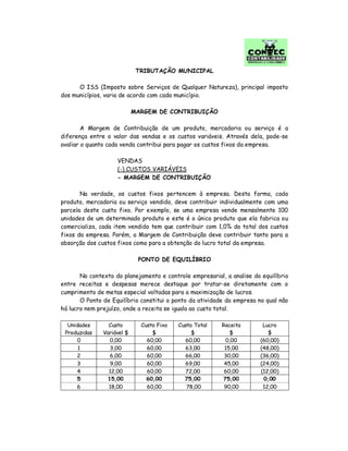 TRIBUTAÇÃO MUNICIPAL
O ISS (Imposto sobre Serviços de Qualquer Natureza), principal imposto
dos municípios, varia de acordo com cada município.
MARGEM DE CONTRIBUIÇÃO
A Margem de Contribuição de um produto, mercadoria ou serviço é a
diferença entre o valor das vendas e os custos variáveis. Através dela, pode-se
avaliar o quanto cada venda contribui para pagar os custos fixos da empresa.
VENDAS
(-) CUSTOS VARIÁVEIS
- MARGEM DE CONTRIBUIÇÃO
Na verdade, os custos fixos pertencem à empresa. Desta forma, cada
produto, mercadoria ou serviço vendido, deve contribuir individualmente com uma
parcela deste custo fixo. Por exemplo, se uma empresa vende mensalmente 100
unidades de um determinado produto e este é o único produto que ela fabrica ou
comercializa, cada item vendido tem que contribuir com 1,0% do total dos custos
fixos da empresa. Porém, a Margem de Contribuição deve contribuir tanto para a
absorção dos custos fixos como para a obtenção do lucro total da empresa.
PONTO DE EQUILÍBRIO
No contexto do planejamento e controle empresarial, a analise do equilíbrio
entre receitas e despesas merece destaque por tratar-se diretamente com o
cumprimento de metas especial voltadas para a maximização de lucros.
O Ponto de Equilíbrio constitui o ponto da atividade da empresa no qual não
há lucro nem prejuízo, onde a receita se iguala ao custo total.
Unidades
Produzidas
Custo
Variável $
Custo Fixo
$
Custo Total
$
Receita
$
Lucro
$
0 0,00 60,00 60,00 0,00 (60,00)
1 3,00 60,00 63,00 15,00 (48,00)
2 6,00 60,00 66,00 30,00 (36,00)
3 9,00 60,00 69,00 45,00 (24,00)
4 12,00 60,00 72,00 60,00 (12,00)
5 15,00 60,00 75,00 75,00 0,00
6 18,00 60,00 78,00 90,00 12,00
 