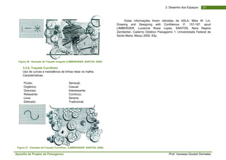 Apostila de Projeto de Paisagismo Prof. Vanessa Goulart Dorneles
213. Desenho dos Espaços
Figura 36 - Exemplo de Traçado Irregular (LIMBERGEER, SANTOS, 2000)
3.2.6. Traçado Curvilíneo
Uso de curvas e inexistência de linhas retas na malha.
Caracterísitcas:
Fluido;
Orgânico;
Gracioso;
Relaxante;
Leve;
Delicado;
Sensual;
Casual;
Interessante;
Contínuo;
Serene;
Tradicional.
Figura 37 - Exemplo de Traçado Curvilíneo. (LIMBERGEER, SANTOS, 2000)
Estas informações foram retiradas de ASLA, Mike W. Lin.
Drawing and Designing with Confidence. P. 157-187. apud
LIMBERGER, Lucienne Rossi Lopes, SANTOS, Nara Rejane
Zamberlan. Caderno Didático Paisagismo 1. Universidade Federal de
Santa Maria. Março 2000. 63p.
 