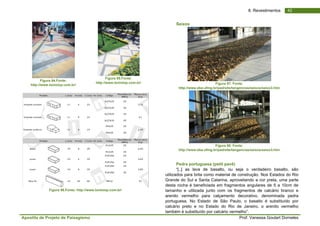 Apostila de Projeto de Paisagismo Prof. Vanessa Goulart Dorneles
428. Revestimentos
Figura 94.Fonte:
http://www.toniolop.com.br/
Figura 95.Fonte:
http://www.toniolop.com.br/
Figura 96.Fonte: http://www.toniolop.com.br/
Seixos
Figura 97. Fonte:
http://www.eba.ufmg.br/pad/site/tangencias/seixos/seixo3.htm
Figura 98. Fonte:
http://www.eba.ufmg.br/pad/site/tangencias/seixos/seixo3.htm
Pedra portuguesa (petit pavê)
“[..] as lava de basalto, ou seja o verdadeiro basalto, são
utilizados para brita como material de construção. Nos Estados do Rio
Grande do Sul e Santa Catarina, aproveitando a cor preta, uma parte
desta rocha é beneficiada em fragmentos angulares de 5 a 10cm de
tamanho e utilizada junto com os fragmentos de calcário branco e
arenito vermelho para calçamento decorativo, denominada pedra
portuguesa. No Estado de São Paulo, o basalto é substituído por
calcário preto e no Estado do Rio de Janeiro, o arenito vermelho
também é substituído por calcário vermelho”.
 