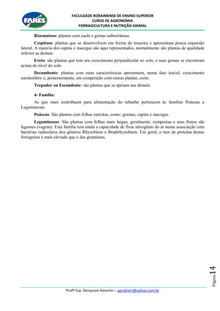 FACULDADE RORAIMENSE DE ENSINO SUPERIOR
CURSO DE AGRONOMIA
FORRAGICULTURA E NUTRIÇÃO ANIMAL
Profº Esp. Denysson Amorim – agrobiorr@yahoo.com.br
Página14
Rizomatoso: plantas com caule e gemas subterrâneas.
Cespitoso: plantas que se desenvolvem em forma de touceira e apresentam pouca expansão
lateral. A maioria dos capins e macegas são aqui representados, normalmente são plantas de qualidade
inferior as demais.
Ereto: são plantas que tem seu crescimento perpendicular ao solo, e suas gemas se encontram
acima do nível do solo.
Decumbente: plantas com estas características apresentam, numa fase inicial, crescimento
estolonífero e, posteriormente, em competição com outras plantas, ereto.
Trepador ou Escandente: são plantas que se apóiam nas demais.
4- Família:
As que mais contribuem para alimentação do rebanho pertencem às famílias Poáceas e
Leguminosas
Poáceas: São plantas com folhas estreitas, como: gramas, capins e macegas.
Leguminosas: São plantas com folhas mais largas, geralmente, compostas e seus frutos são
legumes (vagens). Esta família tem ainda a capacidade de fixar nitrogênio do ar numa associação com
bactérias radiculares dos gêneros Rhyzobium e Bradirhyzobium. Em geral, o teor de proteína destas
forrageiras é mais elevado que o das gramíneas.
 
