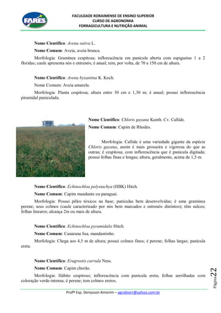 FACULDADE RORAIMENSE DE ENSINO SUPERIOR
CURSO DE AGRONOMIA
FORRAGICULTURA E NUTRIÇÃO ANIMAL
Profº Esp. Denysson Amorim – agrobiorr@yahoo.com.br
Página22
Nome Científico: Avena sativa L.
Nome Comum: Aveia, aveia branca.
Morfologia: Gramínea cespitosa; inflorescência em panícula aberta com espiguetas 1 a 2
floridas; caule apresenta nós e entrenós; é anual; tem, por volta, de 70 a 150 cm de altura.
Nome Científico: Avena byzantina K. Koch.
Nome Comum: Aveia amarela.
Morfologia: Planta cespitosa; altura entre 30 cm e 1,30 m; é anual; possui inflorescência
piramidal paniculada.
Nome Científico: Chloris gayana Kunth. Cv. Callide.
Nome Comum: Capim de Rhodes.
Morfologia: Callide é uma variedade gigante da espécie
Chloris gayana, assim é mais grosseira e vigorosa do que as
outras; é cespitosa; com inflorescência que é panícula digitada;
possui folhas finas e longas; altura, geralmente, acima de 1,5 m.
Nome Científico: Echinochloa polystachya (HBK) Hitch.
Nome Comum: Capim mandante ou paraguai.
Morfologia: Possui pêlos tóxicos na base; panículas bem desenvolvidas; é uma gramínea
perene; seus colmos (caule caracterizado por nós bem marcados e entrenós distintos); têm sulcos;
folhas lineares; alcança 2m ou mais de altura.
Nome Científico: Echinochloa pyramidalis Hitch.
Nome Comum: Canarana lisa, mandantinho.
Morfologia: Chega aos 4,5 m de altura; possui colmos finos; é perene; folhas largas; panícula
ereta.
Nome Científico: Eragrostis curvula Ness.
Nome Comum: Capim chorão.
Morfologia: Hábito cespitoso; inflorescência com panícula ereta; folhas serrilhadas com
coloração verde-intensa; é perene; tem colmos eretos.
 