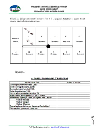 FACULDADE RORAIMENSE DE ENSINO SUPERIOR
CURSO DE AGRONOMIA
FORRAGICULTURA E NUTRIÇÃO ANIMAL
Profº Esp. Denysson Amorim – agrobiorr@yahoo.com.br
Página48
Sistema de pastejo rotacionado intensivo com 8 e 12 piquetes, bebedouro e cocho de sal
mineral localizado na área de repouso.
PESQUISA:
 