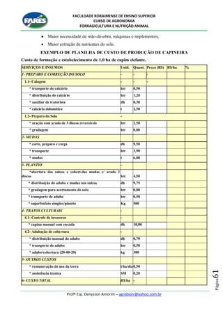 FACULDADE RORAIMENSE DE ENSINO SUPERIOR
CURSO DE AGRONOMIA
FORRAGICULTURA E NUTRIÇÃO ANIMAL
Profº Esp. Denysson Amorim – agrobiorr@yahoo.com.br
Página61
 Maior necessidade de mão-de-obra, máquinas e implementos;
 Maior extração de nutrientes do solo.
EXEMPLO DE PLANILHA DE CUSTO DE PRODUÇÃO DE CAPINEIRA
Custo de formação e estabelecimento de 1,0 ha de capim elefante.
SERVIÇOS E INSUMOS Unid. Quant. Preço (R$) R$/ha %
1- PREPARO E CORREÇÃO DO SOLO - - -
1.1- Calagem - - -
* transporte do calcário htr 0,50
* distribuição do calcário htr 1,20
* auxiliar de tratorista dh 0,30
* calcário dolomítico t 2,50
1.2- Preparo do Solo -
* aração com arado de 3 discos reversíveis htr 2,58
* gradagem htr 0,80
2- MUDAS
* corte, preparo e carga dh 9,50
* transporte htr 3,90
* mudas t 6,00
3- PLANTIO -
*abertura dos sulcos e cobert.das mudas c/ arado 2
discos htr 4,50
* distribuição do adubo e mudas nos sulcos dh 9,75
* gradagem para acertamento do solo htr 0,80
* transporte de adubo htr 0,50
* superfosfato simples/plantio Kg 500
4- TRATOS CULTURAIS -
4.1- Controle de invasoras -
* capina manual com enxada dh 10,00
4.2- Adubação de cobertura -
* distribuição manual do adubo dh 0,70
* transporte do adubo htr 0,50
* adubo/cobertura (20-00-20) kg 300
5- OUTROS CUSTOS
* remuneração do uso da terra l/ha/dia0,50
* assistência técnica SM 0,20
6- CUSTO TOTAL R$/ha -
 