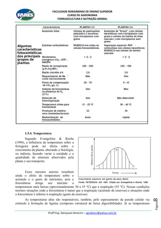 FACULDADE RORAIMENSE DE ENSINO SUPERIOR
CURSO DE AGRONOMIA
FORRAGICULTURA E NUTRIÇÃO ANIMAL
Profº Esp. Denysson Amorim – agrobiorr@yahoo.com.br
Página8
1.5.4. Temperatura
Segundo Evangelista & Rocha
(1996), a influência da temperatura sobre a
forrageira pode ser direta sobre o
crescimento da planta, alterando a fisiologia,
ou indireta, fazendo variar a umidade e a
quantidade de minerais absorvidos pela
planta e seu transporte.
Esses mesmos autores ressaltam
ainda o efeito da temperatura sobre o
acúmulo e o gasto de nutrientes, pois a
fotossíntese atinge seu máximo a
temperaturas mais baixas (aproximadamente 30 a 35 °C) que a respiração (55 °C). Nessas condições
teremos situações onde a fotossíntese é maior que a respiração (acúmulo de reservas) e situações onde
a fotossíntese é inferior à respiração (gasto de reservas).
As temperaturas altas são responsáveis, também, pelo espessamento da parede celular via
estímulo à formação de lignina (composto estrutural de baixa digestibilidade). Já as temperaturas
 