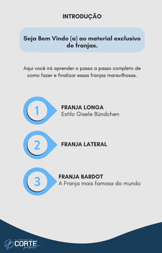 Seja Bem Vindo (a) ao material exclusivo
de franjas.
INTRODUÇÃO
Aqui você irá aprender o passo a passo completo de
como fazer e finalizar essas franjas maravilhosas.
FRANJA LONGA
Estilo Gisele Bündchen
FRANJA LATERAL
FRANJA BARDOT
A Franja mais famosa do mundo
 