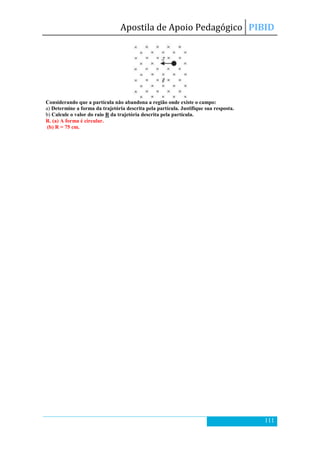 Apostila de Apoio Pedagógico PIBID
111
Considerando que a partícula não abandona a região onde existe o campo:
a) Determine a forma da trajetória descrita pela partícula. Justifique sua resposta.
b) Calcule o valor do raio R da trajetória descrita pela partícula.
R. (a) A forma é circular.
(b) R = 75 cm.
 