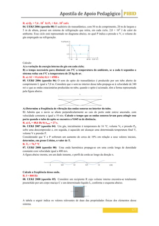 Apostila de Apoio Pedagógico PIBID
127
R. a) QT = 7,4 . 107
b) PU = 8,4 . 103
cal/s
04. UERJ 2006 (questão 08) O auditório do transatlântico, com 50 m de comprimento, 20 m de largura e
5 m de altura, possui um sistema de refrigeração que retira, em cada ciclo, 2,0 × 104
J de calor do
ambiente. Esse ciclo está representado no diagrama abaixo, no qual P indica a pressão e V, o volume do
gás empregado na refrigeração.
Calcule:
A) a variação da energia interna do gás em cada ciclo;
B) o tempo necessário para diminuir em 3°C a temperatura do ambiente, se a cada 6 segundos o
sistema reduz em 1°C a temperatura de 25 kg de ar.
R. a) ΔU = 0 (ciclo) b) t = 4500 s
05. UERJ 2006 (questão 06) O som do apito do transatlântico é produzido por um tubo aberto de
comprimento L igual a 7,0 m. Considere que o som no interior desse tubo propaga-se à velocidade de 340
m/s e que as ondas estacionárias produzidas no tubo, quando o apito é acionado, têm a forma representada
pela figura abaixo.
A) Determine a freqüência de vibração das ondas sonoras no interior do tubo.
B) Admita que o navio se afaste perpendicularmente ao cais do porto onde esteve ancorado, com
velocidade constante e igual a 10 nós. Calcule o tempo que as ondas sonoras levam para atingir esse
porto quando o tubo do apito se encontra a 9.045 m de distância.
R. a) fn = 48,6 Hz b) tmed = 27 s.
06. UERJ 2007 (questão 04) Um gás, inicialmente à temperatura de 16 °C, volume V0 e pressão P0,
sofre uma descompressão e, em seguida, é aquecido até alcançar uma determinada temperatura final T,
volume V e pressão P.
Considerando que V e P sofreram um aumento de cerca de 10% em relação a seus valores iniciais,
determine, em graus Celsius, o valor de T.
R. T1 = 76,7 °C
07. UERJ 2008 (questão 08) Uma onda harmônica propaga-se em uma corda longa de densidade
constante com velocidade igual a 400 m/s.
A figura abaixo mostra, em um dado instante, o perfil da corda ao longo da direção x.
Calcule a freqüência dessa onda.
R. f = 800 Hz
08. UERJ 2008 (questão 05) Considere um recipiente R cujo volume interno encontra-se totalmente
preenchido por um corpo maciço C e um determinado líquido L, conforme o esquema abaixo.
A tabela a seguir indica os valores relevantes de duas das propriedades físicas dos elementos desse
sistema.
 