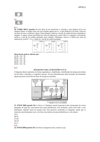 ÓPTICA
(E)
R. A
20. UFRRJ 2007-I (questão 3) Uma fonte de luz puntiforme é colocada a uma distância D de um
anteparo branco. O espaço entre eles está ocupado apenas por ar. A uma distância d da fonte, coloca-se
um disco de raio r, conforme a figura. Nessa situação, mede-se o raio R1 da sombra do disco projetada no
anteparo. A seguir, é posta uma lâmina de vidro de espessura E1 entre o disco e o anteparo e, novamente,
mede-se o raio R2 da sombra projetada nessa situação. Finalmente, troca-se a lâmina por outra de
espessura E2 (com E2 > E1), e mede-se o raio R3 da sombra projetada.
Dessa forma, pode-se afirmar que:
(A) R3 > R2 = R1
(B) R3 > R2 > R1
(C) R1 > R2 = R3
(D) R3 = R2 = R1
(E) R1 > R2 > R3
R. E
DIAGRAMA PARA AS QUESTÕES 21 E 22
O diagrama abaixo representa, de forma esquemática e simplificada, a distribuição da energia proveniente
do Sol sobre a atmosfera e a superfície terrestre. Na área delimitada pela linha tracejada, são destacados
alguns processos envolvidos no fluxo de energia na atmosfera.
21. ENEM 2008 (questão 24) A chuva é o fenômeno natural responsável pela manutenção dos níveis
adequados de água dos reservatórios das usinas hidrelétricas. Esse fenômeno, assim como todo o ciclo
hidrológico, depende muito da energia solar. Dos processos numerados no diagrama, aquele que se
relaciona mais diretamente com o nível dos reservatórios de usinas hidrelétricas é o de número
(A) I.
(B) II.
(C) III.
(D) IV.
(E) V.
R. E
22. ENEM 2008 (questão 25) Com base no diagrama acima, conclui-se que
 