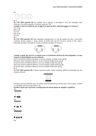 ELETRICIDADE E MAGNETISMO
(E)
R. A
29. UFF 2009 (questão 56) No cuidado com o planeta, a reciclagem é uma das estratégias mais
eficientes. Um técnico guardou 3 resistores iguais de 1 Ω.
Assinale o valor de resistência que ele não será capaz de obter, utilizando todos os 3 resistores.
(A) 1/3 Ω
(B) 2/3 Ω
(C) 1 Ω
(D) 3/2 Ω
(E) 3 Ω
R. C
30. UFF 2010 (questão 22) Duas lâmpadas incandescentes A e B são ligadas em série a uma pilha,
conforme mostra a figura 1. Nesse arranjo, A brilha mais que B. Um novo arranjo é feito, onde a
polaridade da pilha é invertida no circuito, conforme mostrado no circuito 2.
Assinale a opção que descreve a relação entre as resistências elétricas das duas lâmpadas e as suas
respectivas luminosidades na nova situação.
(A) As resistências elétricas são iguais e, na nova situação, A brilha menos que B.
(B) A tem maior resistência elétrica e, na nova situação, brilha menos que B.
(C) A tem menor resistência elétrica e, na nova situação, brilha mais que B.
(D) A tem menor resistência elétrica e, na nova situação, brilha menos que B.
(E) A tem maior resistência elétrica e, na nova situação, brilha mais que B.
R. E
31. UFF 2010 (questão 28) A figura representa quatro esferas metálicas idênticas penduradas por fios
isolantes elétricos.
O arranjo está num ambiente seco e as esferas estão inicialmente em contato umas com as outras. A esfera
1 é carregada com uma carga elétrica +Q.
Escolha a opção que representa a configuração do sistema depois de atingido o equilíbrio.
(A)
(B)
(C)
(D)
 