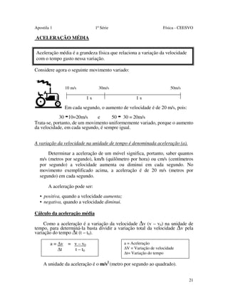 Apostila 1

1ª Série

Física - CEESVO

ACELERAÇÃO MÉDIA
Aceleração média é a grandeza física que relaciona a variação da velocidade
com o tempo gasto nessa variação.
Considere agora o seguinte movimento variado:

10 m/s

30m/s

50m/s

1s

1s

Em cada segundo, o aumento de velocidade é de 20 m/s, pois:

-

-

30 10=20m/s
e
50 30 = 20m/s
Trata-se, portanto, de um movimento uniformemente variado, porque o aumento
da velocidade, em cada segundo, é sempre igual.
A variação da velocidade na unidade de tempo é denominada aceleração (a).
Determinar a aceleração de um móvel significa, portanto, saber quantos
m/s (metros por segundo), km/h (quilômetro por hora) ou cm/s (centímetros
por segundo) a velocidade aumenta ou diminui em cada segundo. No
movimento exemplificado acima, a aceleração é de 20 m/s (metros por
segundo) em cada segundo.
A aceleração pode ser:
• positiva, quando a velocidade aumenta;
• negativa, quando a velocidade diminui.
Cálculo da aceleração média
Como a aceleração é a variação da velocidade v (v – v0) na unidade de
tempo, para determiná-la basta dividir a variação total da velocidade v pela
variação do tempo t (t – t0).
a = v = v – v0
t
t – t0

a = Aceleração
V = Variação de velocidade
t= Variação do tempo

A unidade da aceleração é o m/s2 (metro por segundo ao quadrado).
21

 