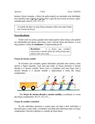 Apostila 1

1ª Série

Física - CEESVO

homens forem somadas, o bloco de pedra poderá ser arrastado com facilidade.
Isso siginifica que o bloco de pedra sofre a ação de um sistema de forças, representadas pela soma F1 + F2 + F3 + F4
A reunião de duas ou mais forças atuantes sobre um corpo forma
um sistema de forças.
Força Resultante
Como você viu acima, quando num corpo agirem várias forças, elas podem
ser substituídas por apenas uma força, com o mesmo efeito das demais. A essa
força damos o nome de resultante e é representada por R.
Resultante:
é a força que sozinha
representa o mesmo efeito de várias forças que
atuam sobre um corpo.
Forças de mesmo sentido
Se tivermos, por exemplo, quatro indivíduos puxando uma carreta, como
mostra a figura seguinte, você nota que todas as forças possuem a mesma
direção e o mesmo sentido. Nesse caso, a resultante será uma força com a
mesma direção e o mesmo sentido e representará a soma das forças
componentes.

Nas forças de mesma direção e mesmo sentido, a resultante é a soma
das forças componentes: R = F1 + F2 + F3 ...
Forças de sentidos contrários
Se três indivíduos puxarem a carreta para um lado e dois indivíduos a
puxarem para o outro lado, a resultante será dada pela diferença entre as forças
componentes. Ela terá a direção e o sentido da força maior.
32

 