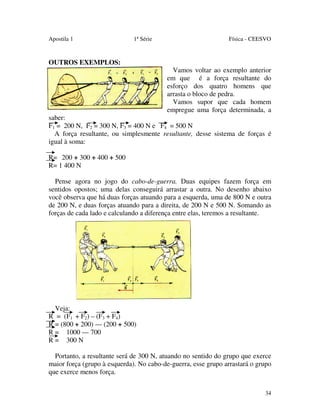 Apostila 1

1ª Série

Física - CEESVO

OUTROS EXEMPLOS:
Vamos voltar ao exemplo anterior
em que é a força resultante do
esforço dos quatro homens que
arrasta o bloco de pedra.
Vamos supor que cada homem
empregue uma força determinada, a
saber:
F1 = 200 N, F2 = 300 N, F3 = 400 N e F4 = 500 N
A força resultante, ou simplesmente resultante, desse sistema de forças é
igual à soma:
R= 200 + 300 + 400 + 500
R= 1 400 N
Pense agora no jogo do cabo-de-guerra. Duas equipes fazem força em
sentidos opostos; uma delas conseguirá arrastar a outra. No desenho abaixo
você observa que há duas forças atuando para a esquerda, uma de 800 N e outra
de 200 N, e duas forças atuando para a direita, de 200 N e 500 N. Somando as
forças de cada lado e calculando a diferença entre elas, teremos a resultante.

Veja:
R = (F1 + F2) – (F3 + F4)
R = (800 + 200) — (200 + 500)
R = 1000 — 700
R = 300 N
Portanto, a resultante será de 300 N, atuando no sentido do grupo que exerce
maior força (grupo à esquerda). No cabo-de-guerra, esse grupo arrastará o grupo
que exerce menos força.
34

 