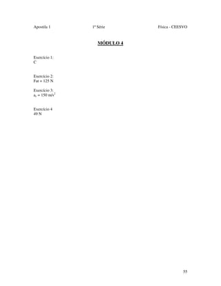 Apostila 1

1ª Série

Física - CEESVO

MÓDULO 4
Exercício 1:
C
Exercício 2:
Fat = 125 N
Exercício 3:
ac = 150 m/s2
Exercício 4
49 N

55

 