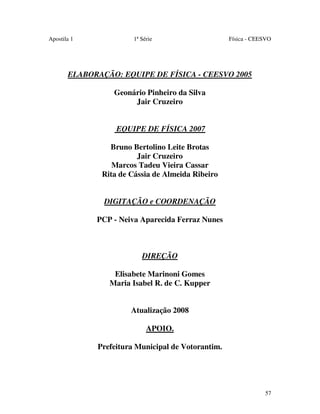 Apostila 1

1ª Série

Física - CEESVO

ELABORAÇÃO: EQUIPE DE FÍSICA - CEESVO 2005
Geonário Pinheiro da Silva
Jair Cruzeiro
EQUIPE DE FÍSICA 2007
Bruno Bertolino Leite Brotas
Jair Cruzeiro
Marcos Tadeu Vieira Cassar
Rita de Cássia de Almeida Ribeiro
DIGITAÇÃO e COORDENAÇÃO
PCP - Neiva Aparecida Ferraz Nunes

DIREÇÃO
Elisabete Marinoni Gomes
Maria Isabel R. de C. Kupper
Atualização 2008
APOIO.
Prefeitura Municipal de Votorantim.

57

 