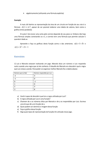 algebricamente (utilizando uma fórmula explícita)


Exemplo

         A mais útil dentre as representação da área de um círculo em função de seu raio é a
fórmula                , apesar de ser possível elaborar uma tabela de valores, bem como o
gráfico (meia parábola).

       O custo C de enviar uma carta pelo correio depende de seu peso w. Embora não haja
uma fórmula simples conectando w e C, o correio tem uma fórmula que permite calcular C
quando é dado w.

         Aproveite e faça os gráficos desta função acima e das anteriores: s(t )   1 5t e
s(t )   2t 2   3t 1



Exercícios


1) Luiz e Marcelo estavam realizando um jogo. Marcelo dizia um número e Luiz respondia
outro usando uma regra que só ele conhecia. O desafio de Marcelo era descobrir qual a regra
que Luiz estava usando. Para poder se organizar melhor Marcelo fez a tabela abaixo:

Número que eu falei         Número respondido por Luiz
-2                          3
-1                          0
0                           -1
1                           0
2                           3
3                           8


     a) Você é capaz de descobrir qual era a regra utilizada por Luiz?
     b) A regra utilizada por Luiz é uma função?
     c) Chamem de x os números ditos por Marcelo e de y os respondidos por Luiz. Escreva
        uma lei que dê y em função de x.
     d) Quais podem ser domínio e imagem dessa função
     e) Faça o gráfico dessa função
     f) Diga quais tipos de representação de funções foi utilizada nesse jogo.
 