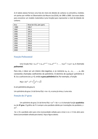 2) A tabela abaixo fornece uma lista de níveis de dióxido de carbono na atmosfera, medidos
em partes por milhão no Observatório de Mauna Loa (EUA), de 1980 a 2000. Use esses dados
para encontrar um modelo matemático (uma função) para representar o nível de dióxido de
carbono.

Ano               Nível de CO2 (em ppm)
1980              338,7
1982              341,1
1984              344,4
1986              347,2
1988              351,5
1990              354,2
1992              356,4
1994              358,9
1996              364,6
1998              366,6
2000              369,4


Função Polinomial


       Uma função P(x) = an        + an-1   + an-2      + . . . +a2   + a1x + a0 é chamada
polinomial.

Para isto, n deve ser um inteiro não-negativo, e os números a0, a1 , a2 , . . ., an são
constantes chamadas coeficientes do polinômio. O domínio de qualquer polinômio é
  . Se o coeficiente de an ≠ 0, então o grau polinômio é n. Por exemplo, a função

       P(x) = 2   -    +       +

é um polinômio de grau 6.

Um polinômio de grau 1 é da forma P(x) = mx + b, e como já vimos, é uma reta.

Função do 2º grau


       Um polinômio de grau 2 é da forma P(x) = a + bx + c e é chamado função quadrática
ou do 2º grau. O gráfico de P é sempre uma parábola obtida por translações da parábola y =
a .

Se a >0 a parábola abre para cima (concavidade voltada para cima) e se a < 0 ela abre para
baixo (concavidade voltada para baixo). Veja a figura abaixo.
 