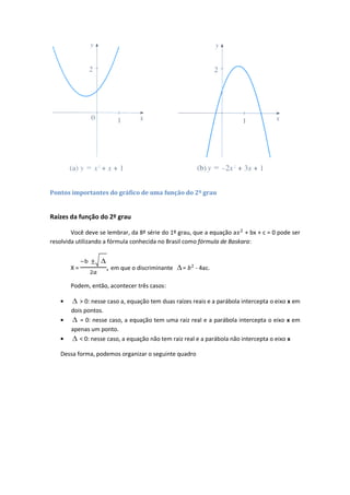 Pontos importantes do gráfico de uma função do 2º grau


Raízes da função do 2º grau

        Você deve se lembrar, da 8ª série do 1º grau, que a equação a + bx + c = 0 pode ser
resolvida utilizando a fórmula conhecida no Brasil como fórmula de Baskara:



       X=           , em que o discriminante     =    - 4ac.

       Podem, então, acontecer três casos:

          > 0: nesse caso a, equação tem duas raízes reais e a parábola intercepta o eixo x em
       dois pontos.
          = 0: nesse caso, a equação tem uma raiz real e a parábola intercepta o eixo x em
       apenas um ponto.
          < 0: nesse caso, a equação não tem raiz real e a parábola não intercepta o eixo x

   Dessa forma, podemos organizar o seguinte quadro
 