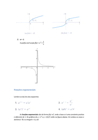 3) a = -1
                                   -1
        O gráfico da função f(x) = x =




Funções exponenciais


Lembre-se das leis dos expoentes




        As funções exponenciais são da forma f(x) =ax, onde a base a é uma constante positiva
e diferente de 1. Os gráficos de y = 2x e y = (0,5)x estão na figura abaixo. Em ambos os casos o
domínio é e a imagem = é y ≥0
 