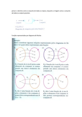 pensar o domínio como o conjunto de todos os inputs, enquanto a imagem como o conjunto
de todos os outputs possíveis.




Funções representadas por diagrama de flechas
 