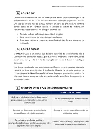MÓDULO: Fundamentos do Gerenciamento de Projetos 
7- O QUE É O PMI? 
Uma instituição internacional sem fins lucrativos que associa profissionais de gestão de projetos. No início de 2011 já era considerada a maior associação do gênero no mundo, uma vez que integra mais de 260.000 membros em cerca de 170 países. O escritório central localiza-se em Newtown Square, na periferia da cidade da Filadélfia, em Pensilvânia (Estados Unidos). Seus principias objetivos são: 
 Formular padrões profissionais de gestão de projetos; 
 Gerar conhecimento por intermédio da investigação; 
 Promover a gestão de projetos como profissão através de seus programas de certificação. 
8- O QUE É O PMBOK? 
O PMBOK® Guide é um manual que descreve o universo de conhecimentos para o Gerenciamento de Projetos. Todavia, pela sua imensa importância internacional, ele se transformou num padrão é fonte de inspiração para quase todas as metodologias existentes. 
Não é uma metodologia, pois não distingue os diferentes tipos de projeto (certamente gerenciar projetos administrativos é totalmente diferente de gerenciar projetos de construção pesada). Não utiliza peculiaridades de linguagem que respeitem a cultura de diferentes tipos de empresas e não apresenta modelos específicos de documentos a serem preenchidos. 
9- DIFERENÇAS ENTRE O PMO E O GERENTE DE PROJETOS PMO GERENTE DE PROJETOS Gerência as principais mudanças do escopo do programa que podem ser vistas como possíveis oportunidades Concentra-se nos objetivos especificados no projeto 
Otimiza o uso dos recursos organizacionais compartilhados entre todos os projetos 
Controla os recursos para melhor atender os objetivos do projeto 
Gerencia as metodologias, padrões, o risco/oportunidade global e as interdependências entre os projetos no nível da empresa Gerencia restrições (escopo, cronograma, custo e qualidade, etc.) dos projetos individuais 
 