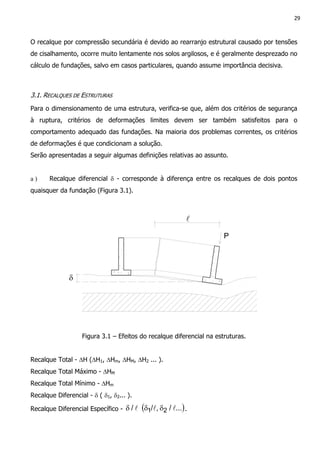 29
O recalque por compressão secundária é devido ao rearranjo estrutural causado por tensões
de cisalhamento, ocorre muito lentamente nos solos argilosos, e é geralmente desprezado no
cálculo de fundações, salvo em casos particulares, quando assume importância decisiva.
3.1. RECALQUES DE ESTRUTURAS
Para o dimensionamento de uma estrutura, verifica-se que, além dos critérios de segurança
à ruptura, critérios de deformações limites devem ser também satisfeitos para o
comportamento adequado das fundações. Na maioria dos problemas correntes, os critérios
de deformações é que condicionam a solução.
Serão apresentadas a seguir algumas definições relativas ao assunto.
a ) Recalque diferencial δ - corresponde à diferença entre os recalques de dois pontos
quaisquer da fundação (Figura 3.1).
l
P
δ
Figura 3.1 – Efeitos do recalque diferencial na estruturas.
Recalque Total - ∆H (∆H1, ∆Hm, ∆HM, ∆H2 ... ).
Recalque Total Máximo - ∆HM
Recalque Total Mínimo - ∆Hm
Recalque Diferencial - δ ( δ1, δ2... ).
Recalque Diferencial Específico - ( ).../,// 21 lll δδδ .
 