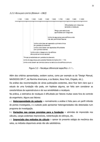 32
3.2.3. RECALQUES LIMITES (BJERRUM – 1963)
1:100 1:200 1:300 1:400 1:500 1:600 1:700 1:800 1:900 1:1000
Dificuldades com máquinas
sensíveis a recalques
Perigo para estruturas
aporticadas com diagonais
Limite de segurança para edifícios onde
não são permitidas fissuras
Limite onde deve ser esperada a primeira trinca
em paredes de alvenaria
Limite onde devem ser esperadas dificuldades
com pontes rolantes
Limite onde o desaprumo de edifícios
altos pode se tornar sensível
Trincas consideráveis em paredes de alvenaria
Limite de segurança para paredes flexíveis de tijolos (h/L < 1/4)
Limite onde devem ser temidos danos na estrutura de edifícios comuns
Figura 3.2 – Recalque diferencial específico l/δ .
Além dos critérios apresentados, existem outros, como por exemplo os do “Design Manual,
NAVDOCKS DM-7”, da Marinha Americana, e os Boston, Nova York, Chigado, etc.).
Da análise das recomendações de várias publicações existentes, deve ficar bem claro que o
estudo de uma fundação não pode, em hipótese alguma, ser feito sem considerar as
características da superestrutura e de sua sensibilidade a recalques.
Na prática, a estimativa de recalques é dificultada por fatores muitas vezes fora do controle
do engenheiro. Alguns aos fatores:
a ) Heterogeneidade do subsolo ➭ normalmente a análise é feita para um perfil inferido
de pontos investigados, e o subsolo pode apresentar heterogeneidades não detectadas num
programa de investigação.
b ) Variações nas cargas previstas para a fundação ➭ advindas de imprecisão nos
cálculos, cargas acidentais imprevisíveis, redistribuição de esforços, etc.
c ) Imprecisão dos métodos de cálculo ➭ apesar do presente estágio de mecânica dos
solos, os métodos disponíveis ainda não são satisfatórios.
 