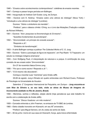102
1946 – “Ensaios sobre acontecimentos contemporâneos”: coletânea de ensaios recentes.
1947 – Começa a passar longos períodos em Bollingen.
1948 – Inauguração do Instituto Carl Gustav Jung, de Zurique.
1950 – Escreve com K. Kerényi, “Ensaios sobre uma ciência da mitologia” (Nova York) /
“Introdução a uma ciência da mitologia” (Londres);
Escreve: “Sobre o simbolismo da mandala” ;
“Prefácio”, para o clássico chinês I Ching, ou o Livro das Mutações (Tradução e edição
de Richard Wilhelm).
1951 – Escreve: “Aion: pesquisas na fenomenologia do Si-mesmo”;
“Questões fundamentais da psicoterapia”;
1952 - “Sincronicidade: um princípio de conexão acausal” ;
“Resposta a Jó”;
“Símbolos da transformação”.
1953 – A série Bollingen começa a publicar The Collected Works of C. G. Jung.
1954 – Escreve: “Sobre a psicologia da figura do trapaceiro”, em Paul Radin: “O Trapaceiro: um
estudo na mitologia indígena americana”.
1955 – Com Wolfgang Pauli, A interpretação da natureza e a psique. A contribuição de Jung
consistiu de seu ensaio sobre “Sincronicidade”.
Em 27 de novembro falece Emma Jung.
1956 – “Por que e como escreví ‘Resposta a Jó’ “;
1957 – “O Si mesmo não descoberto”.
Começa a recontar suas “memórias” para Aniela Jaffé.
05-08 de agosto: Jung é filmado em quatro entrevistas com Richard Evans, Professor
de Psicologia na Universidade de Houston.
Setembro: 2º
Congresso Internacional de Psiquiatria, em Zurique – Jung encontra-se
com Nise da Silveira e, ao seu lado, visita as obras do Museu de Imagens do
Inconsciente (sediado no Rio de Janeiro, Brasil).
1958 – Memórias, sonhos e reflexões, edição alemã (hoje percebe-se que este trabalho foi
escrito com a colaboração de Aniela Jaffé).
Escreve: “Discos Voadores: um mito moderno”.
1959 – Concede entrevista a John Freeman, na emissora de TV BBC de Londres.
1960 – Eleito cidadão honorário em Küsnacht, em seu 85º
aniversário.
“Prefácio” para Miguel Serrano, em As visitas da rainha de Sabá.
1961 – 06 de junho: morre em sua casa em Küsnacht, Suíça, após breve enfermidade
 
