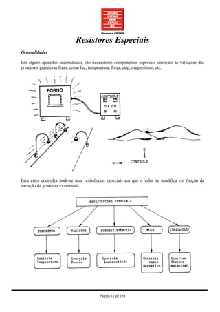 Resistores Especiais
Generalidades

Em alguns aparelhos automáticos, são necessários componentes especiais sensíveis às variações das
principais grandezas fixas, como luz, temperatura, força, ddp, magnetismo, etc.




Para estes controles pode-se usar resistências especiais em que o valor se modifica em função da
variação da grandeza examinada.




                                         Página 12 de 158
 