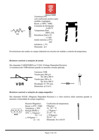Termitores PTC
                              com coeficiente positivo para
                              medida e regulagem
                              Resist. a 180ºC: 100Ω
                              Constante de dissipação:
                                             4 mW/ºC
                              Temperatura final:
                                            200ºC [Tf]
                              Resistência final a Tf:
                                             ≥ 5 kΩ
                              tensão máxima a 25ºC:
                                                 30V
                              tolerância: + 5%
                              Dimensão: φ 4

Os termistores são usados no campo industrial em circuitos de medida e controle da temperatura.



Resistores sensíveis a variações de tensão

São chamadas VARISTORES ou V.D.R. (Voltage Dependent Resistor).
A resistência dos VDR diminui quando se aumenta a tensão aplicada.

                              Varistores VDR
                              Tensão para 200 µA:
                                      De 340 a 400 V
                              Tensão para 500 µ A:
                                      De 410 a 480 V
                              Dissipação: 0.7 W nom.
                              Dimensões: φ 5.5x13

Resistores sensíveis a variações do campo magnético

São chamadas M.D.R. (Magnetic Dependent Resistor) e o valor resistivo delas aumenta quando se
aumenta a intensidade do campo magnético.

                   Resistor Magnético          Coeficiente de temperatura:
                   Resist. a 25ºC: 250Ω        0 Kgauss=
                   Tolerância: + 20ºC          18 . 10-3 / ºC
                   Relação Rb/Ro a             + 3 Kgauss =
                   25ºC: + 3 Kgauss=           27.10-3 / ºC
                               2.8 + 3.2       + 10 Kgauss=
                   + 10 Kgauss =               29.10-3 / ºC
                              12 +18           Dimensão: 4x1.5x0.55




                                             Página 14 de 158
 