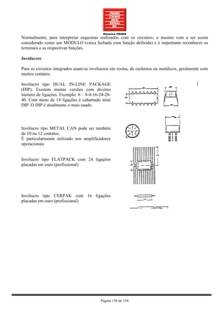 Normalmente, para interpretar esquemas realizados com os circuitos; o mesmo vem a ser assim
considerado como um MÓDULO (caixa fechada com função definida) e é importante reconhecer os
terminais e as respectivas funções.

Invólucros

Para os circuitos integrados usam-se invólucros em resina, de cerâmica ou metálicos, geralmente com
muitos contatos.

Invólucro tipo DUAL IN-LINE PACKAGE
(DIP). Existem muitas versões com diverso
número de ligaçòes. Exemplo: 6 – 8-4-16-24-28-
40. Com mens de 14 ligações é cahamado mini
DIP. O DIP é atualmente o mais usado.




Invólucro tipo METAL CAN pode ser também
de 10 ou 12 contatos.
É particularmente utilizado nos amplificadores
operacionais


Invólucro tipo FLATPACK com 24 ligações
placadas em ouro (profissional)




Invólucro tipo CERPAK com 16 ligações
placadas em ouro (profissional)




                                          Página 156 de 158
 