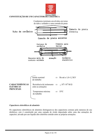 CONSTITUIÇÃO DE UM CAPACITOR DE CERÂMICA

                             Condutores terminais envolvidos em torno
                             do tubo e soldados a uma camada de prata




                            tensão nominal                 ⇒ De até a 1,0÷1,2 KV
                            de trabalho

CARACTERÍSTICAS             Resistência de isolamento ⇒         ~ 104÷105 M Ω
ELÉTRICAS                   entre as armações
PRINCIPAIS
                            Temperatura máxima             ⇒ 55ºC
                            de trabalho




Capacitores eletrolíticos de alumínio

Os capacitores eletrolíticos de alumínio distinguem-se dos capacitores comuns pela natureza do seu
dielétrico; este é constituído por uma camada de óxido depositada sobre uma das armações do
capacitor, ativado por um líquido dito eletrólito contido entre as próprias armações.




                                             Página 22 de 158
 