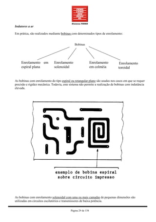 Indutores a ar

Em prática, são realizados mediante bobinas com determinados tipos de enrolamento:


                                              Bobinas




     Enrolamento em           Enrolamento                     Enrolamento        Enrolamento
     espiral plana            solenoidal                      em colméia        toroidal


As bobinas com enrolamento do tipo espiral ou retangular plano são usadas nos casos em que se requer
precisão e rigidez mecânica. Todavia, este sistema não permite a realização de bobinas com indutância
elevada.




As bobinas com enrolamento solenoidal com uma ou mais camadas de pequenas dimensões são
utilizadas em circuitos oscilatórios e transmissores de baixa potência.


                                           Página 29 de 158
 