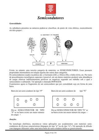Semicondutores
Generalidades

As substância presentes na natureza podem-se classificar, do ponto de vista elétrico, essencialmente
em dois grupos :




Existe, no entanto, uma terceira categoria de materiais: os SEMICONDUTORES. Esses possuem
propriedade intermediária em relação àquelas das outras duas categorias.
Os semicondutores usados na prática são: o Germanio (GE), o Silício (SI), o Gálio (GA), etc. Por meio
de procedimentos tecnológicos especiais é possível, em um destes materiais produzir uma abundância
de cargas elétricas indiferentemente positivas ou negativas seguindo um trabalho sob o qual o
semicondutor é submetido. Tal operação é chamada DOPAGEM.
Examinemos agora os fragmentos de um semicondutor que por comodidade seja em forma de uma
barra.

  Barra de um semi-condutor do tipo “P”            Barra de um semi-condutor do      tipo “N”




  Diz-se SEMI-CONDUTOR DE TIPO                     Diz-se SEMI-CONDUTOR DE TIPO “N” se
  “P” se na barra existe um maior número           na barra existe um maior número de cargas -
  de cargas +

Junções

Na tecnologia eletrônica, encontra-se várias aplicações aos acoplamentos com materiais semi-
condutores de diversas características (dopagem do tipo “p”’ou do tipo “n”). Tal operação de difusão
com dopagens diferentes sobre uma única barra de semi-condutor define-se genericamente:

                                           Página 34 de 158
 