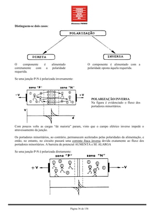 Distinguem-se dois casos:




O      componente  é        alimentado                   O componente é alimentado com a
corretamente   com   a      polaridade                   polaridade oposta àquela requerida.
requerida.

Se uma junção P-N é polarizada inversamente:




                                                             POLARIZAÇÃO INVERSA
                                                             Na figura é evidenciado o fluxo dos
                                                             portadores minoritários.




Com poucos volts as cargas “de maioria” param, visto que o campo elétrico inverso impede o
atravessamento da junção.

Os portadores minoritários, ao contrário, permanecem acelerados pelas polaridades da alimentação, e
então, no entanto, no circuito passará uma corrente fraca inversa devida exatamente ao fluxo dos
portadores minoritários. A barreira de potencial AUMENTA e SE ALARGA

Se uma junção P-N é polarizada diretamente:




                                          Página 36 de 158
 