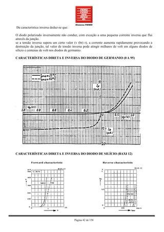 Da característica inversa deduz-se que:

O diodo polarizado inversamente não conduz, com exceção a uma pequena corrente inversa que flui
através da junção.
se a tensão inversa supera um certo valor (v (br) r), a corrente aumenta rapidamente provocando a
destruição da junção, tal valor de tensão inversa pode atingir milhares de volt em alguns diodos de
silício e centenas de volt nos diodos de germanio.

CARACTERÍSTICAS DIRETA E INVERSA DO DIODO DE GERMANIO (0 A 95)




CARACTERÍSTICAS DIRETA E INVERSA DO DIODO DE SILÍCIO (BAXI 12)




                                          Página 42 de 158
 