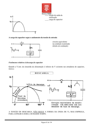 ------ tensão de saída da
                                                      retificação
                                               ____ carga do capacitor




A carga do capacitor segue o andamento da tensão de entrada

                                                             circuito equivalente
                                                             na condição examinada
                                                             (diodo em condução)




Fenômenos relativos à descarga do capacitor

Quando a V.inst. da sinusóide de alimentação é inferior da V existente nas armaduras do capacitor,
inicia a

                                 DESCARGA




A TENSÃO DE DESCARGA, NÃO SEGUE A FORMA DA ONDA DE Vi, MAS EMPREGA,
PARA ATINGIR O ZERO, UM MAIOR TEMPO.



                                          Página 62 de 158
 