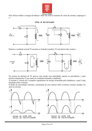 Para utilizar melhor a energia da bobina r obter um notável aumento do valor da corrente, emprega-se
o:




Durante a condução normal TI encontra-se fechado (conduz), T2 está aberto (não conduz ).




No mesmo da abertura de TI, gera-se uma tensão com polaridades opostas às precedentes, a qual
polariza diretamente T2 que entra em condução limitando a amplitude.
A corrente I’ circula até o completo esgotamento da energia acumulada pela indutância, a qual é toda
dissipada sobre si mesma.
O diodo de recirculação consente a eliminação do arco elétrico sobre eventuais contatos situados em
série no circuito.




                                           Página 70 de 158
 