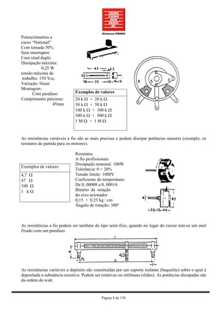 Potenciômetros a
curso “National”
Com tomada 50%
Sem interruptor
Com sinal duplo
Dissipação máxima:
            0,25 W
tensão máxima de
 trabalho: 150 Vcc.
Variação: linear
Montagem:
       Com parafuso            Exemplos de valores
Comprimento percurso:          20 k Ω + 20 k Ω
                  45mm         50 k Ω + 50 k Ω
                               100 k Ω + 100 k Ω
                               500 k Ω + 500 k Ω
                               1MΩ + 1MΩ


As resistências variáveis a fio são as mais precisas e podem dissipar potências maiores (exemplo, os
reostatos de partida para os motores).

                               Reostatos
                               A fio profissionais
                               Dissipação nominal: 100W
Exemplos de valores
                               Tolerância: 0 + 20%
4,7 Ω                          Tensão limite: 1000V
47 Ω                           Coeficiente de temperatura:
100 Ω                          De 0, 00008 a 0, 00014
1 kΩ                           Binário de rotação
                               do eixo acionador
                               0,15 + 0.25 kg / cm
                               Ângulo de rotação: 300º



As resistências a fio podem ser também do tipo semi-fixo, quando no lugar do cursor tem-se um anel
fixado com um parafuso.




As resistências variáveis a depósito são constituídas por um suporte isolante (baquelite) sobre o qual é
depositada a substância resistiva. Podem ser rotativas ou retilíneas (slides). As potências dissipadas são
da ordem do watt.


                                              Página 8 de 158
 