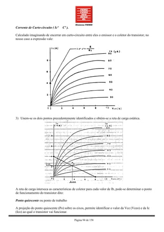 Corrente de Curto-circuito ( Icº    Cº ).

Calculado imaginando de encerrar em curto-circuito entre eles o emissor e o coletor do transistor; no
nosso caso a expressão vale:




3) Unem-se os dois pontos precedentemente identificados e obtém-se a reta de carga estática.




A reta de carga interseca as características de coletor para cada valor de Ib, pode-se determinar o ponto
de funcionamento do transistor dito:

Ponto quiescente ou ponto de trabalho

A projeção do ponto quiescente (Po) sobre os eixos, permite identificar o valor da Vce (Vceo) e da Ic
(Ico) ao qual o transistor vai funcionar.

                                             Página 94 de 158
 