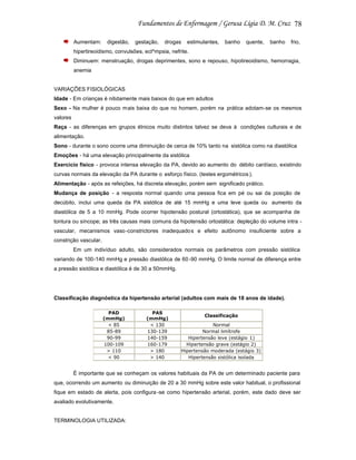 78
Aumentam:

digestão,

gestação,

drogas

estimulantes,

banho

quente,

banho

frio,

hipertireoidismo, convulsões, ecl^mpsia, nefrite.
Diminuem: menstruação, drogas deprimentes, sono e repouso, hipotireoidismo, hemorragia,
anemia

VARIAÇÕES FISIOLÓGICAS
Idade - Em crianças é nitidamente mais baixos do que em adultos
Sexo - Na mulher é pouco mais baixa do que no homem, porém na prática adotam-se os mesmos
valores
Raça - as diferenças em grupos étnicos muito distintos talvez se deva à condições culturais e de
alimentação.
Sono - durante o sono ocorre uma diminuição de cerca de 10% tanto na sistólica como na diastólica
Emoções - há uma elevação principalmente da sistólica
Exercício físico - provoca intensa elevação da PA, devido ao aumento do débito cardíaco, existindo
curvas normais da elevação da PA durante o esforço físico. (testes ergométricos ).
Alimentação - após as refeições, há discreta elevação, porém sem significado prático.
Mudança de posição - a resposta normal quando uma pessoa fica em pé ou sai da posição de
decúbito, inclui uma queda da PA sistólica de até 15 mmHg e uma leve queda ou aumento da
diastólica de 5 a 10 mmHg. Pode ocorrer hipotensão postural (ortostática), que se acompanha de
tontura ou síncope; as três causas mais comuns da hipotensão ortostática: depleção do volume intra vascular, mecanismos vaso -constrictores inadequados e efeito autônomo insuficiente sobre a
constrição vascular.
Em um indivíduo adulto, são considerados normais os parâmetros com pressão sistólica
variando de 100-140 mmHg e pressão diastólica de 60 -90 mmHg. O limite normal de diferença entre
a pressão sistólica e diastólica é de 30 a 50mmHg.

Classificação diagnóstica da hipertensão arterial (adultos com mais de 18 anos de idade).

É importante que se conheçam os valores habituais da PA de um determinado paciente para
que, ocorrendo um aumento ou diminuição de 20 a 30 mmHg sobre este valor habitual, o profissional
fique em estado de alerta, pois configura -se como hipertensão arterial, porém, este dado deve ser
avaliado evolutivamente.

TERMINOLOGIA UTILIZADA:

 
