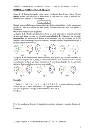 APOSTILA INTRODUÇÃO AO ESTUDO DAS FUNÇÕES – ELABORADA PELO PROF. CARLINHOS
3
DEFINIÇÃO MATEMÁTICA DE FUNÇÃO
Sendo A e B dois conjuntos não vazios e uma relação f de A em B, essa relação f é uma
função quando cada elemento x do conjunto A está associado a um, e somente um,
elemento y do conjunto B. Indica-se por:
Quando estas condições descritas na definição não forem satisfeitas, existirá apenas uma
relação (R). Daí, concluímos que toda função é uma relação mas, nem toda relação e
uma função.
Observe os exemplos com diagramas:
As figuras 1, 2 e 3 representam funções. Note que cada elemento do conjunto domínio
A tem uma única chegada no conjunto contradomínio B. Chamamos de conjunto
imagem (Im) aos elementos de B que se relacionaram com os elementos de A. No
conjunto contradomínio pode sobrar elemento. A letra f acima do diagrama indica que a
relação especial é uma função.
fig.1 fig.2 fig.3
As figuras 4, 5 e 6 representam apenas relações. Note que na fig. 4 alguns elementos de
A têm duas chegadas em B, na fig. 5 sobrou um elemento de A sem relacionar-se com B
e, finalmente, na fig. 6 um único elemento de A têm várias chegadas em B. A letra R
acima do diagrama indica ser apenas uma relação.
fig.4 fig.5 fig.6
Exemplos
1) Dados A = { -3, -2, 0, 3 } e B = { - 1, 0, 1, 2, 4, 5, 7 } e uma relação expressa pela
fórmula y = x + 2, com x pertencendo a A e y pertencendo a B.
a) Faça o diagrama e verifique se f é uma função de A em B.
Resolução:
b) Se for uma função de A em B, determine o domínio, a imagem e o contra-domínio de
f.
Resolução:
2) Seja a função f: definida por f(x) = x2
- 7x + 9. Determine:
f: A B
 