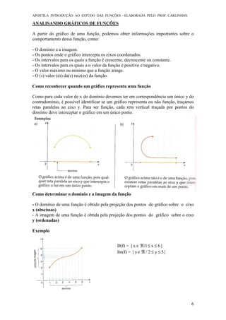 APOSTILA INTRODUÇÃO AO ESTUDO DAS FUNÇÕES – ELABORADA PELO PROF. CARLINHOS
6
ANALISANDO GRÁFICOS DE FUNÇÕES
A partir do gráfico de uma função, podemos obter informações importantes sobre o
comportamento dessa função, como:
- O domínio e a imagem.
- Os pontos onde o gráfico intercepta os eixos coordenados.
- Os intervalos para os quais a função é crescente, decrescente ou constante.
- Os intervalos para os quais a o valor da função é positivo e negativo.
- O valor máximo ou mínimo que a função atinge.
- O (s) valor (es) da(s) raiz(es) da função.
Como reconhecer quando um gráfico representa uma função
Como para cada valor de x do domínio devemos ter em correspondência um único y do
contradomínio, é possível identificar se um gráfico representa ou não função, traçamos
retas paralelas ao eixo y. Para ser função, cada reta vertical traçada por pontos do
domínio deve interceptar o gráfico em um único ponto.
Como determinar o domínio e a imagem da função
- O domínio de uma função é obtido pela projeção dos pontos do gráfico sobre o eixo
x (abscissas)
- A imagem de uma função é obtida pela projeção dos pontos do gráfico sobre o eixo
y (ordenadas)
Exemplo
D(f) = }6x/1x{ ≤≤ℜ∈
Im(f) = }5y2/y{ ≤≤ℜ∈
 