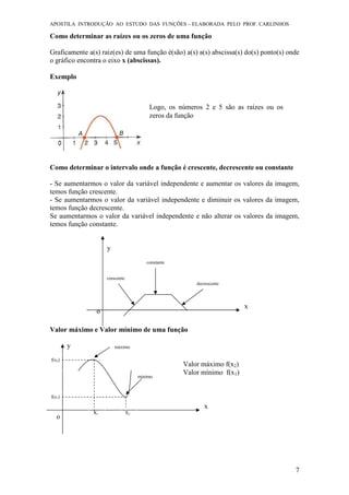 APOSTILA INTRODUÇÃO AO ESTUDO DAS FUNÇÕES – ELABORADA PELO PROF. CARLINHOS
7
Como determinar as raízes ou os zeros de uma função
Graficamente a(s) raiz(es) de uma função é(são) a(s) a(s) abscissa(s) do(s) ponto(s) onde
o gráfico encontra o eixo x (abscissas).
Exemplo
Como determinar o intervalo onde a função é crescente, decrescente ou constante
- Se aumentarmos o valor da variável independente e aumentar os valores da imagem,
temos função crescente.
- Se aumentarmos o valor da variável independente e diminuir os valores da imagem,
temos função decrescente.
Se aumentarmos o valor da variável independente e não alterar os valores da imagem,
temos função constante.
Valor máximo e Valor mínimo de uma função
Logo, os números 2 e 5 são as raízes ou os
zeros da função
constante
decrescente
crescente
y
o
x
y
o
x
X1 X2
f(x1)
f(x2)
máximo
mínimo
Valor máximo f(x2)
Valor mínimo f(x1)
 