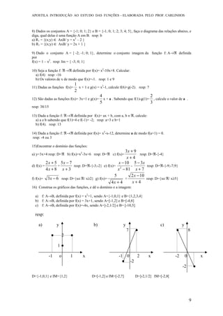 APOSTILA INTRODUÇÃO AO ESTUDO DAS FUNÇÕES – ELABORADA PELO PROF. CARLINHOS
9
8) Dados os conjuntos A = {-1; 0; 1; 2} e B = {-1; 0; 1; 2; 3; 4; 5}, faça o diagrama das relações abaixo, e
diga, qual delas é uma função A em B. resp: b
a) R1 = {(x;y) ∈ AxB/ y = x2
– 2 }
b) R1 = {(x;y) ∈ AxB/ y = 2x + 1 }
9) Dado o conjunto A = { -2; -1; 0; 1}, determine o conjunto imagem da função f: A→ℜ definida
por
f(x) = 1 – x2
. resp: Im = { -3; 0; 1}
10) Seja a função f: ℜ→ℜ definida por f(x)= x2
-10x+8. Calcular:
a) f(4) resp: -16
b) Os valores de x de modo que f(x)=-1. resp: 1 e 9
11) Dadas as funções f(x)=
2
1
x + 1 e g(x) = x2
-1, calcule f(6)+g(-2). resp: 7
12) São dadas as funções f(x)= 3x+1 e g(x)=
5
4
x + a . Sabendo que f(1)-g(1)=
3
2
, calcule o valor de a .
resp: 38/15
13) Dada a função f: ℜ→ℜ definida por f(x)= ax + b, com a, b ∈ℜ, calcule:
a) a e b sabendo que f(1)=4 e f(-1)= -2; resp: a=3 e b=1
b) f(4). resp: 13
14) Dada a função f: ℜ→ℜ definida por f(x)= x2
-x-12, determine a de modo f(a+1) = 0.
resp: -4 ou 3
15)Encontrar o domínio das funções:
a) y=3x+4 resp: D=ℜ b) f(x)=x2
-3x+6 resp: D=ℜ c) f(x)=
4
93
+
+
x
x
resp: D=ℜ-{-4}
d) f(x) =
84
52
+
+
x
x
+
3
75
+
−
x
x
resp: D=ℜ-{-3;-2} e) f(x)=
81
10
2
−
−
x
x
-
7
35
+
−
x
x
resp: D=ℜ-{-9;-7;9}
f) f(x)= 63 −x resp: D={x∈ℜ/ x≥2} g) f(x)=
44
5
+x
+
4
102
+
−
x
x
resp: D={x∈ℜ/ x≥5}
16) Construa os gráficos das funções, e dê o domínio e a imagem:
a) f: A→B, definida por f(x) = x2
+1, sendo A={-1,0,1} e B={1,2,3,4}
b) f: A→B, definida por f(x) = 3x+1, sendo A=[-1,2] e B=[-4;8]
c) f: A→B, definida por f(x)=-4x, sendo A=]-2,1/2] e B= [-10,5]
resp:
a) y b) y c) y
7 ● ● 8
● 2 ●
1 ●
-1 o 1 x -1 0 2 x -2 0 x
● -2
-2 ●
D={-1,0,1} e IM={1,2} D=[-1,2] e IM=[-2,7] D=]-2,1/2] IM=[-2,8[
 