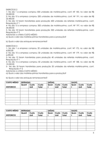 EXERCÍCIO 2
1- No dia 1 a empresa comprou 500 unidades de matéria-prima, conf. NF 183, no valor de R$
55.000,00
2- No dia 10 a empresa comprou 200 unidades de matéria-prima, conf. NF 191, no valor de R$
22.400,00
3- No dia 12 foram transferidas para produção 400 unidades da referida matéria-prima, conf.
Requisição nº 1
4- No dia 15 a empresa comprou 300 unidades de matéria-prima, conf. NF 197, no valor de R$
34.500,00
5- No dia 18 foram transferidas para produção 300 unidades da referida matéria-prima, conf.
Requisição nº 2
Adotando o critério CUSTO MÉDIO:
a) Qual o valor das matérias-primas transferidas para a produção?

b) Qual o valor dos estoques remanescentes?

EXERCÍCIO 3
1- No dia 1 a empresa comprou 20 unidades de matéria-prima, conf. NF 175, no valor de R$
4.000,00
2- No dia 10 a empresa comprou 30 unidades de matéria-prima, conf. NF 179, no valor de R$
6.090,00
3- No dia 12 foram transferidas para produção 40 unidades da referida matéria-prima, conf.
Requisição nº 1
4- No dia 15 a empresa comprou 50 unidades de matéria-prima, conf. NF 188, no valor de R$
10.250,00
5- No dia 18 foram transferidas para produção 20 unidades da referida matéria-prima, conf.
   Requisição nº 2
Adotando o critério CUSTO MÉDIO:
a) Qual o valor das matérias-primas transferidas para a produção?

b) Qual o valor dos estoques remanescentes?

CUSTO MÉDIO    ENTRADAS                       SAÍDAS                SALDO
               Quant  Custo      Custo        Quan Custo    Custo   Quan Custo     Custo
HISTORICO             Unit       Total        t      Unit   Total   t     Unit     Total




CUSTO MÉDIO    ENTRADAS                       SAÍDAS                SALDO
               Quant  Custo      Custo        Quan Custo    Custo   Quan Custo     Custo
HISTORICO             Unit       Total        t      Unit   Total   t     Unit     Total




                                                                                           6
 