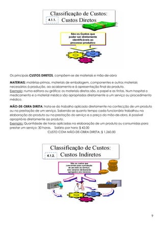 4.1.1.




Os principais CUSTOS DIRETOS, compõem-se de materiais e mão-de-obra

MATERIAIS: matérias-primas, materiais de embalagem, componentes e outros materiais
necessários à produção, ao acabamento e à apresentação final do produto.
Exemplo: numa editora ou gráfica: os materiais diretos são, o papel e as tintas. Num hospital o
medicamento e o material médico são apropriados diretamente a um serviço ou procedimento
médico.

MÃO-DE-OBRA DIRETA: trata-se do trabalho aplicado diretamente na confecção de um produto
ou na prestação de um serviço. Sabendo-se quanto tempo cada funcionário trabalhou na
elaboração do produto ou na prestação do serviço e o preço da mão-de-obra, é possível
apropriá-la diretamente ao produto.
Exemplo: Quantidade de horas aplicadas na elaboração de um produto ou consumidas para
prestar um serviço: 30 horas. Salário por hora: $ 42,00
                          CUSTO COM MÃO-DE-OBRA DIRETA: $ 1.260,00




                        4.1.2.




                                                                                                  9
 
