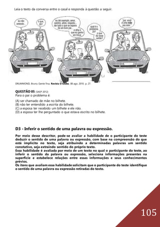 105
Leia o texto da conversa entre o casal e responda à questão a seguir.
DRUMMOND, Bruno. Gente fina. Revista O Globo, 08 ago. 2010. p. 27.
QUESTÃO 05 (SAEP 2012)
Para o pai o problema é:
(A) ser chamado de mãe no bilhete.
(B) não ter entendido a escrita do bilhete.
(C) a esposa ter recebido um bilhete e ele não.
(D) a esposa ter lhe perguntado o que estava escrito no bilhete.
D3 - Inferir o sentido de uma palavra ou expressão.
Por meio desse descritor, pode-se avaliar a habilidade de o participante do teste
deduzir o sentido de uma palavra ou expressão, com base na compreensão do que
está implícito no texto, seja atribuindo a determinadas palavras um sentido
conotativo, seja extraindo sentido do próprio texto.
Essa habilidade é avaliada por meio de um texto no qual o participante do teste, ao
inferir o sentido da palavra ou expressão, seleciona informações presentes na
superfície e estabelece relações entre essas informações e seus conhecimentos
prévios.
Os itens que avaliam essa habilidade solicitam que o participante do teste identifique
o sentido de uma palavra ou expressão retiradas do texto.
 